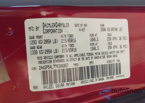 2007 Chrysler Town & Country Touring from USA, damaged, VIN 2A4GP54L77R306067